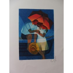 Louis Toffoli : Lithographie originale - Les amoureux sous le parasol