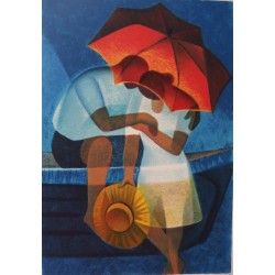 Louis Toffoli : Lithographie originale - Les amoureux sous le parasol