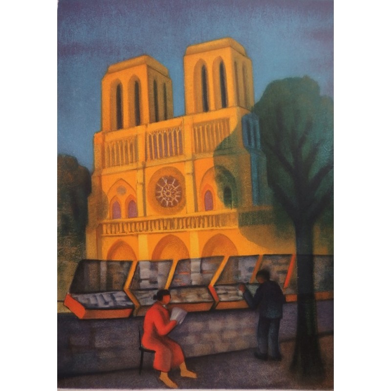 Louis Toffoli : Lithographie originale - Les Bouquinistes vers Notre Dame