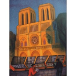 Louis Toffoli : Lithographie originale - Les Bouquinistes vers Notre Dame