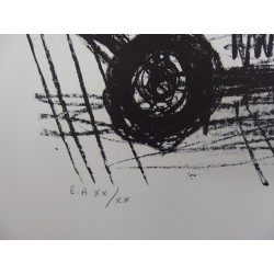 Bernard BUFFET : Lithographie originale - Paysage breton au tracteur