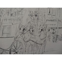 Leonard FOUJITA - Gravure : Calèche devant le Fouquets