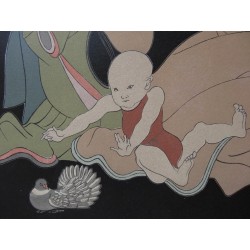 Tsuguharu (Léonard) FOUJITA - Bois gravé - Geishas à la colombe