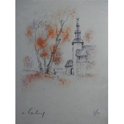 André HAMBOURG - Lithographie Honfleur - La chapelle en automne