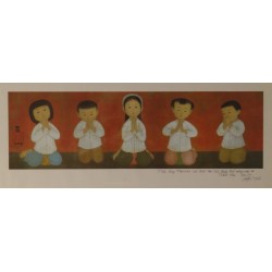 MAI THU - Lithographie signée : Les enfants à la prière