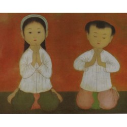 MAI THU - Lithographie signée : Les enfants à la prière