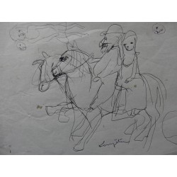 FOUJITA Léonard (Tsuguharu) - Dessin : Couple à cheval