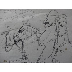 FOUJITA Léonard (Tsuguharu) - Dessin : Couple à cheval