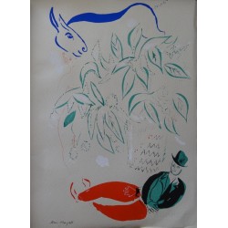 Marc CHAGALL - lithographie : Couple avec un âne bleu