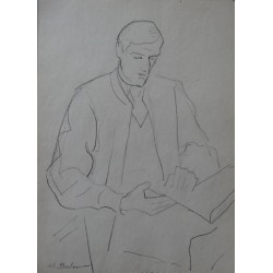 Henryk BERLEWI - Dessin original signé : Homme lisant