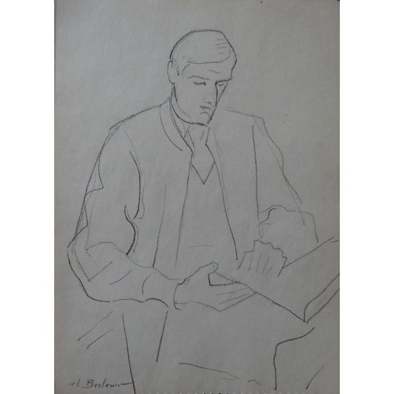 Henryk BERLEWI - Dessin original signé : Homme lisant