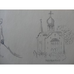 Gilbert POILLERAT - Dessin signé : Eglise de Novgorod