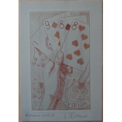 Gilbert POILLERAT - Gravure signée : Partie de cartes et chats