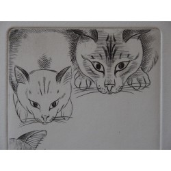 Gilbert POILLERAT - Gravure signée : Les chats et la souris