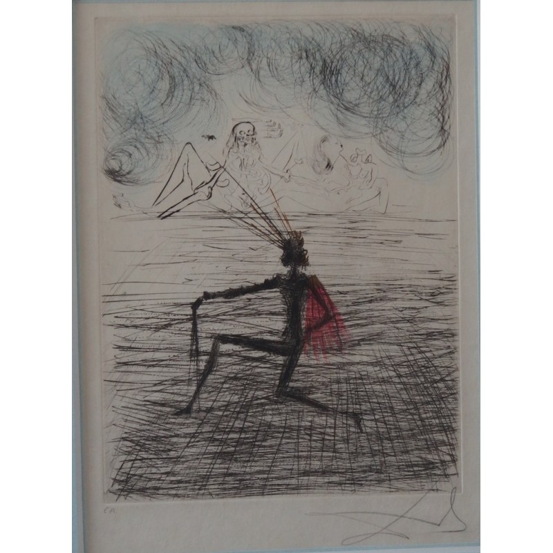 Salvador DALI - Gravure aquarellée : Faust - Chevalier à genoux