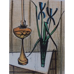 Bernard BUFFET - Lithographie : Lampe à pétrole et bouquet d'iris