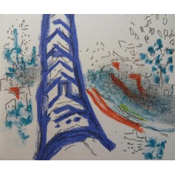 Marc CHAGALL - Lithographie : Peintre et Tour Eiffel