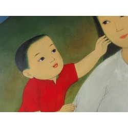 Mai Thu - Gouache et aquarelle sur soie : Mère et enfant