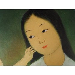 Mai Thu - Gouache et aquarelle sur soie : Mère et enfant