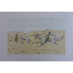 Vincent HADDELSEY - Lithographie : La capture des chevaux sauvages