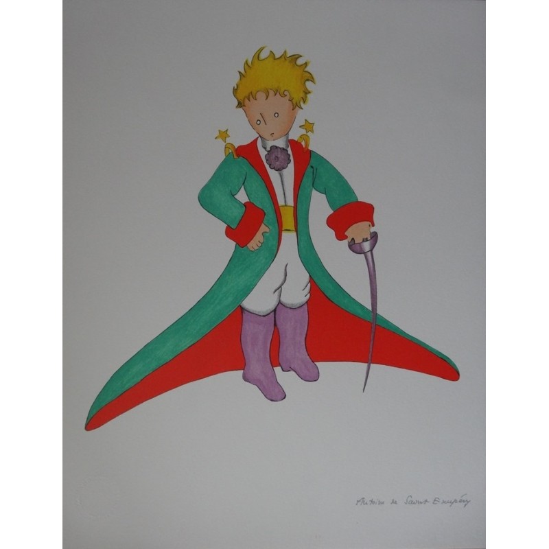 Antoine de Saint Exupéry - Lithographie : Le Petit Prince en grand manteau
