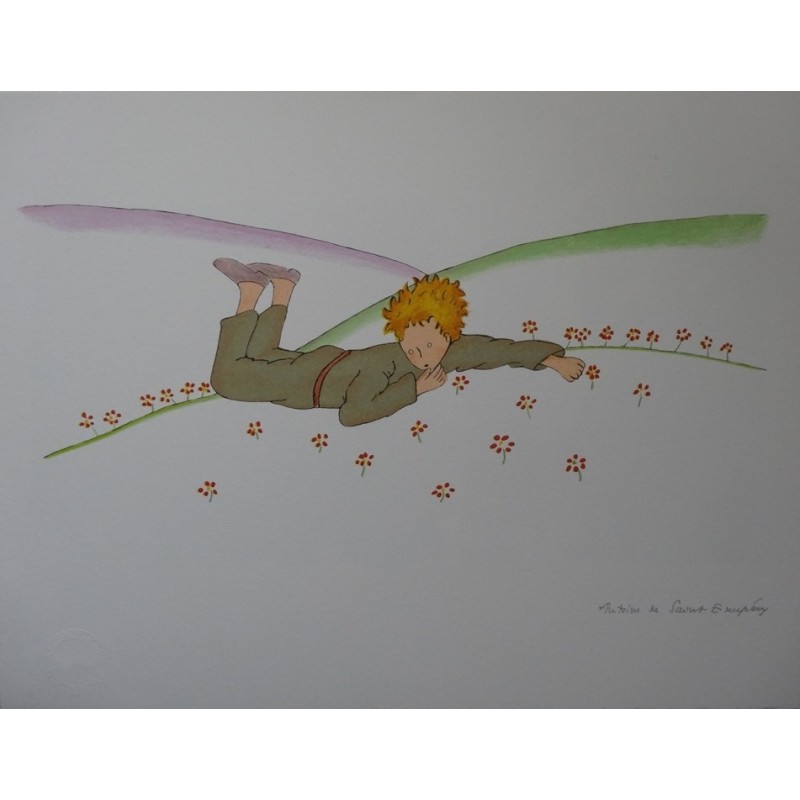 SAINT EXUPERY - Lithographie : Le Petit Prince parmi les fleurs
