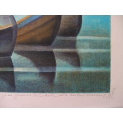 Louis Toffoli : Lithographie originale - Bateaux bleus