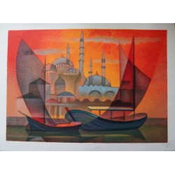 Louis Toffoli : Lithographie originale - Coucher de soleil sur Istambul